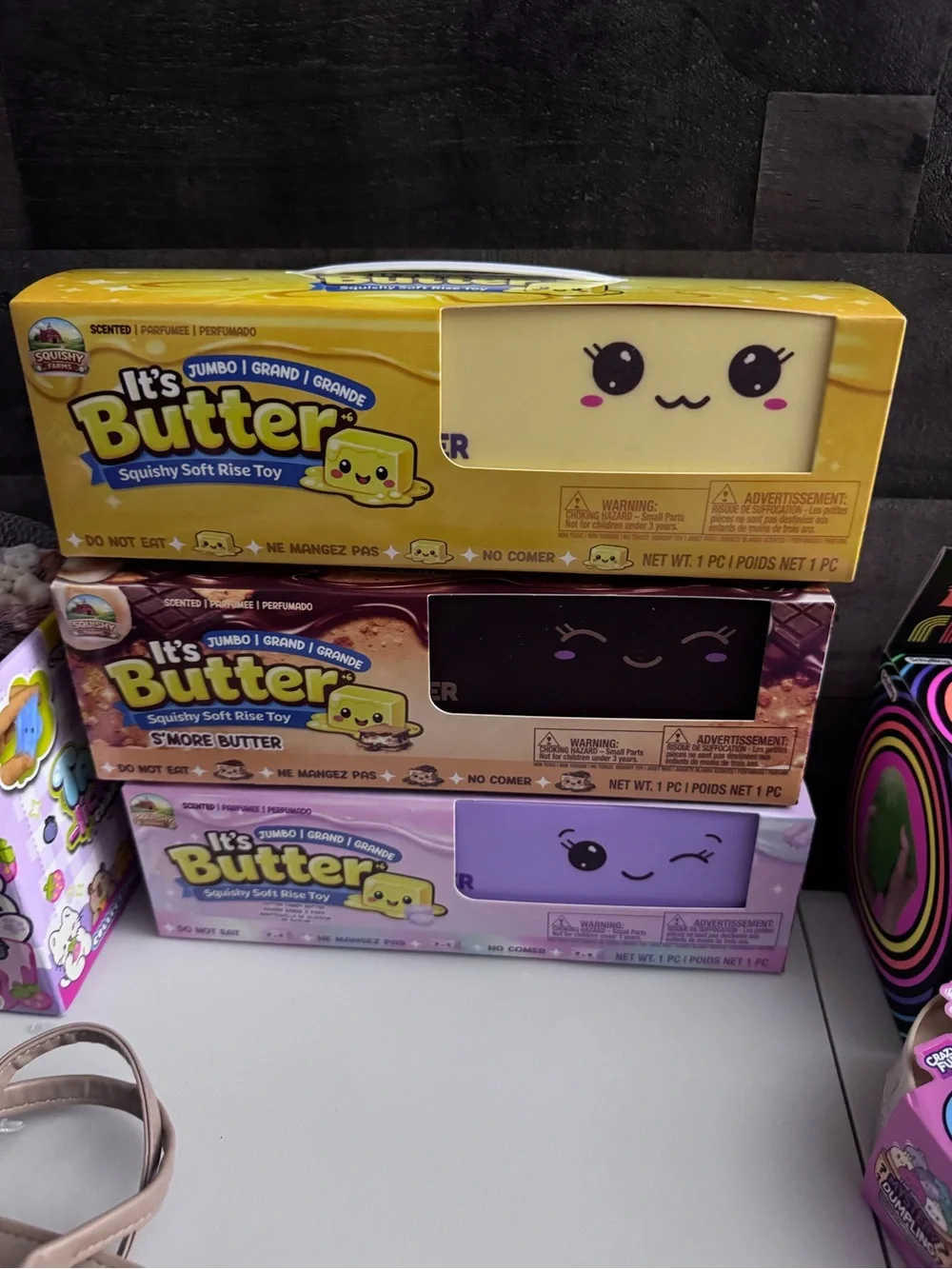 It’s Butter Jumbo Squishy Soft Rise Toy - Yellow, Black, Purple scented 3 pack